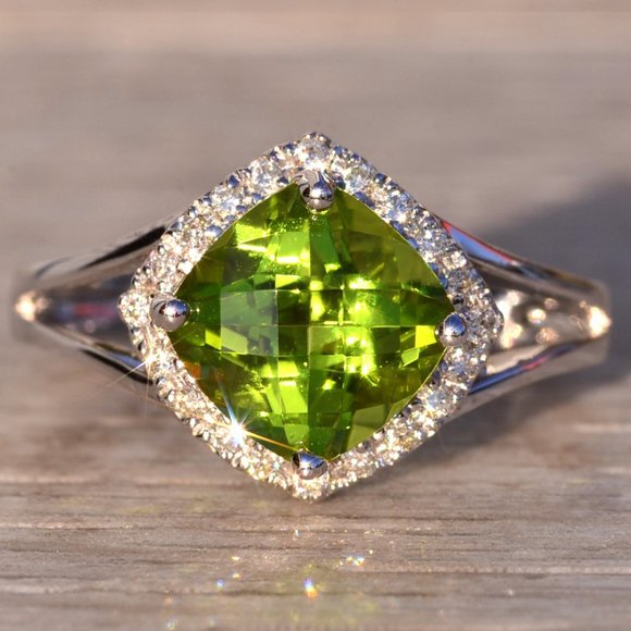 Cushion Shaped Peridot and Diamond Halo Ring